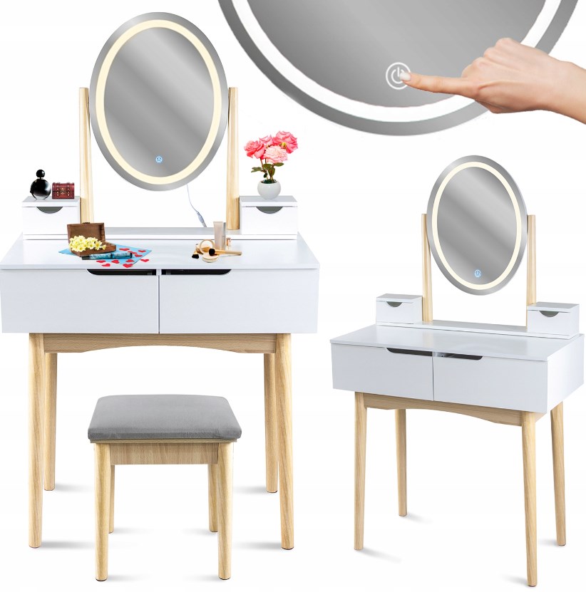 Toaletka z taboretem i owalnym lustrem LED 39x50cm, 140x80x40cm